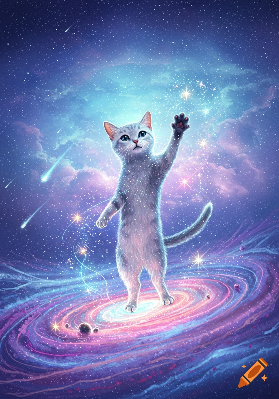 A cute grey cat stands on a vibrant pink and purple galaxy, reaching for sparkling stars in a deep blue cosmic sky.
