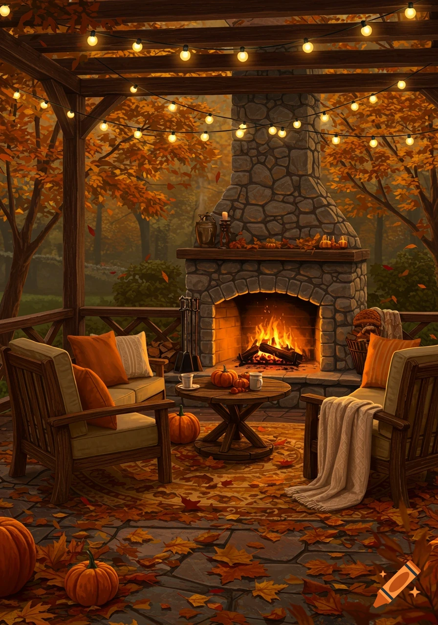 A cozy outdoor autumn patio with a stone fireplace, string lights, wooden chairs, pumpkins, and fall leaves.
