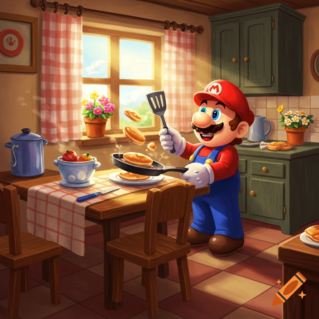 Cartoon Mario happily flips pancakes with a spatula in a bright, cozy kitchen.