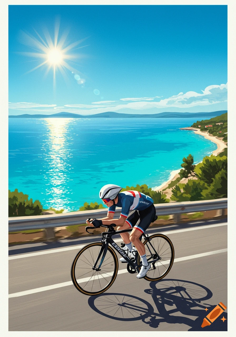 An illustrative image of a cyclist on a road overlooking a bright blue sea with a sunny sky.