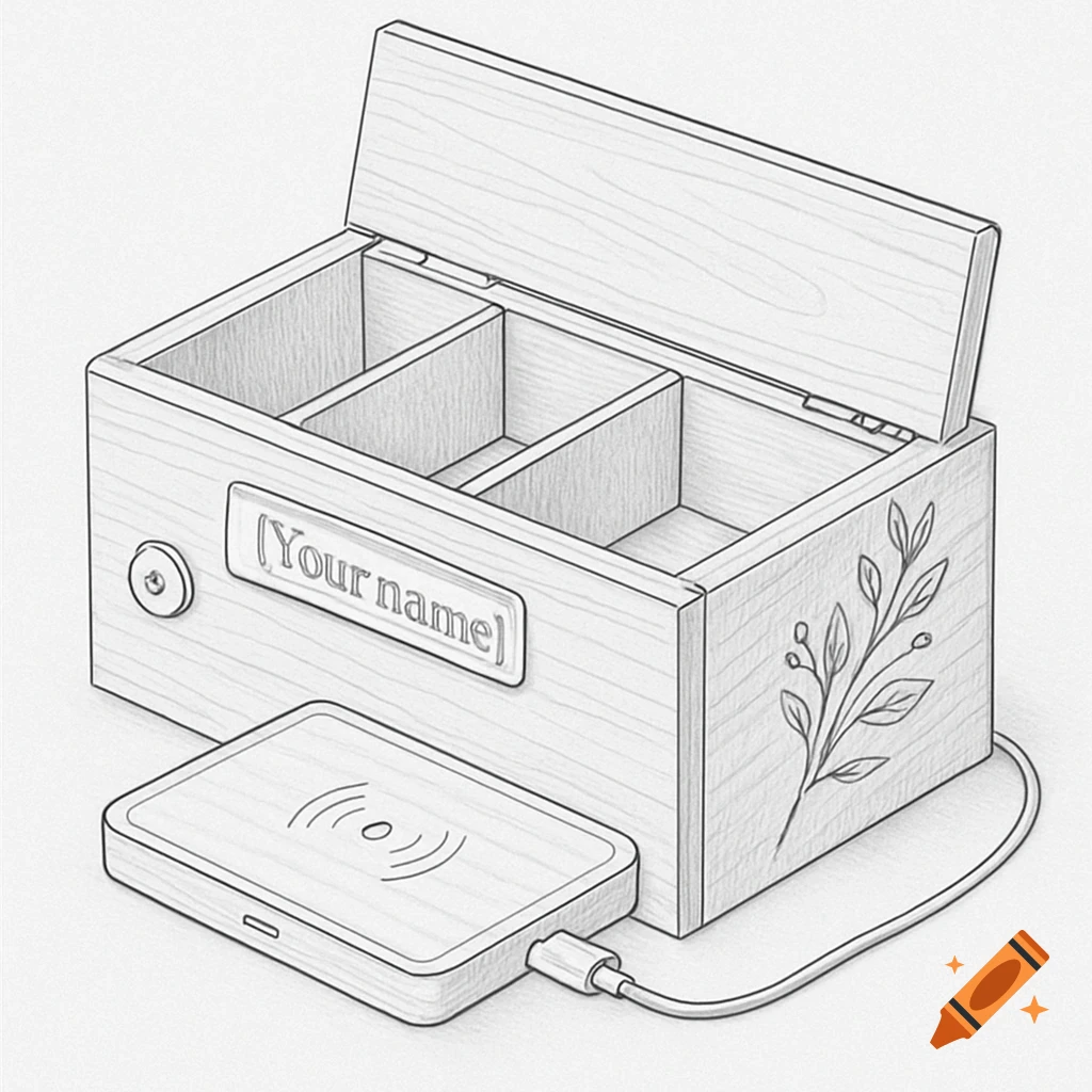Isometric pencil sketch of a wooden desk organizer with compartments, a hinged lid, 'Your name' engraved, a foliage design, and a wireless charging pad.