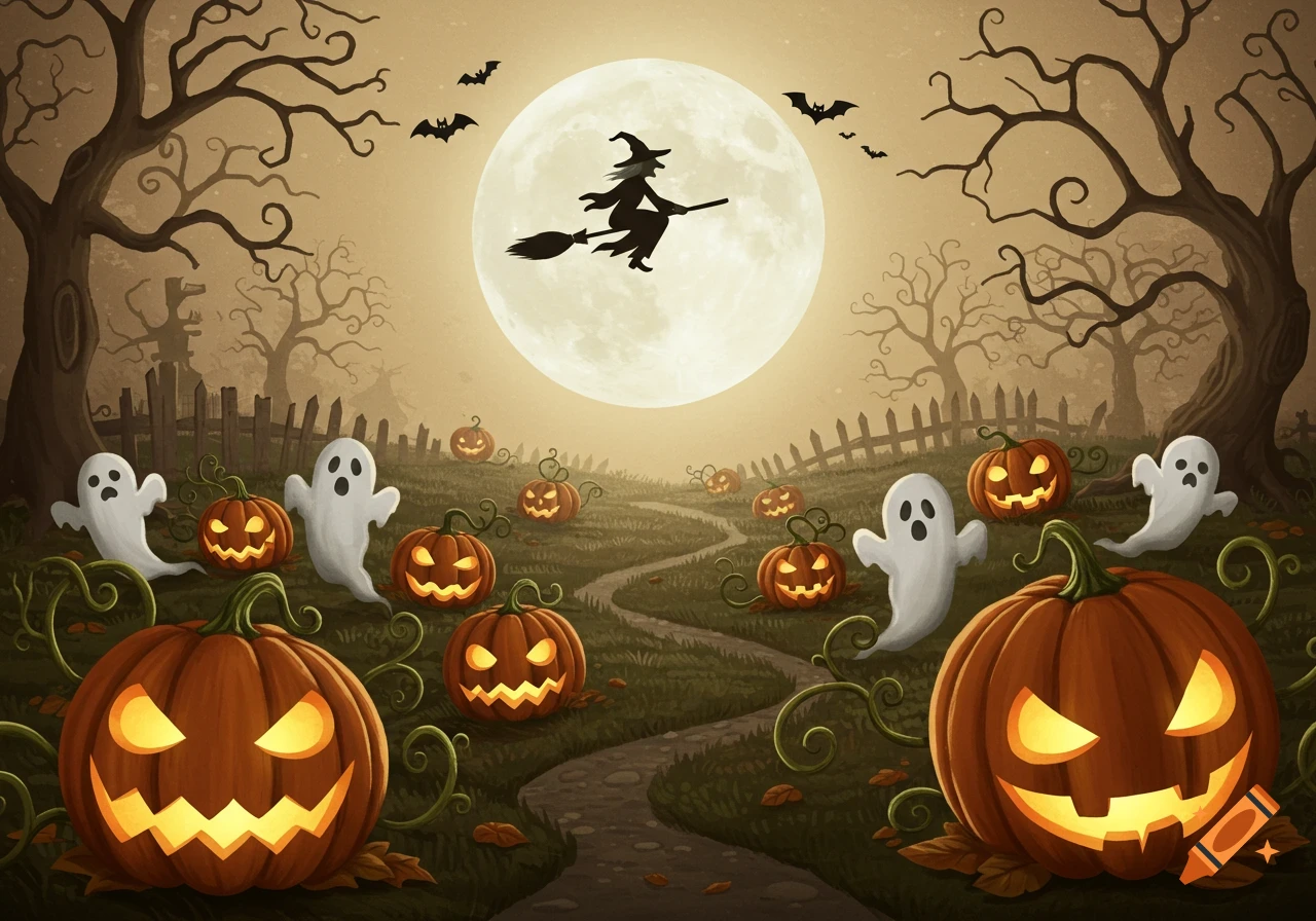 Whimsical Halloween scene with a witch flying past a full moon, surrounded by jack-o'-lanterns, ghosts, and eerie trees.