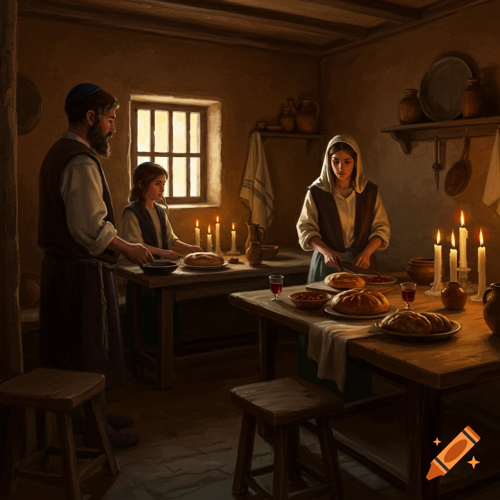 A man, woman, and child prepare a meal with bread and wine by candlelight in a cozy, dimly lit Jewish home from historical times. Oil painting style.
