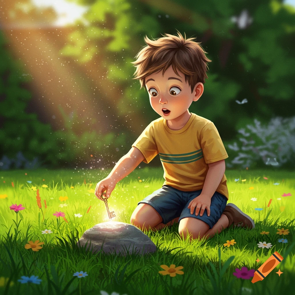 A surprised young boy kneels in a sunlit grassy field, discovering a glowing, sparkling key on a rock amidst colorful flowers, in a whimsical illustration.
