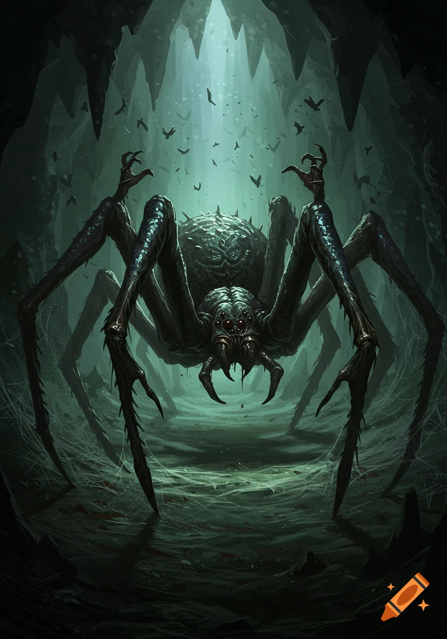 A giant, monstrous dark spider with red eyes and spiky legs in a dark, ominous cave with glowing light and flying bats.