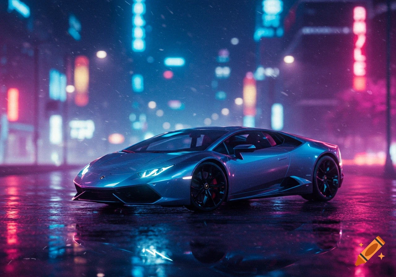 A sleek blue Lamborghini sports car is parked on a wet city street at night, illuminated by vibrant pink and blue neon lights reflected on the ground.