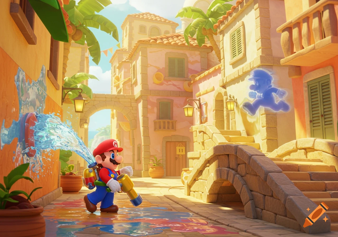 Mario sprays water with his FLUDD pack in a sunny, tropical town street as Shadow Mario runs up stone stairs.