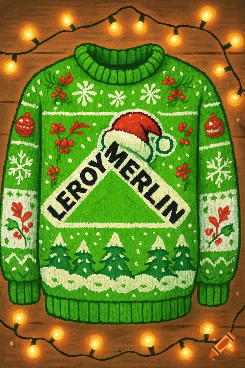 An illustrated green ugly Christmas sweater featuring the Leroy Merlin logo, snowflakes, berries, and trees, framed by string lights on wood.