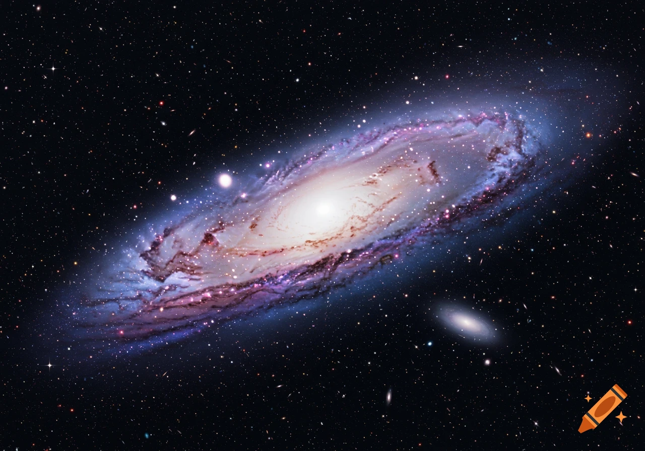 The Andromeda galaxy, a large spiral galaxy with a bright central bulge and blue and purple arms, against a dark, star-filled background.