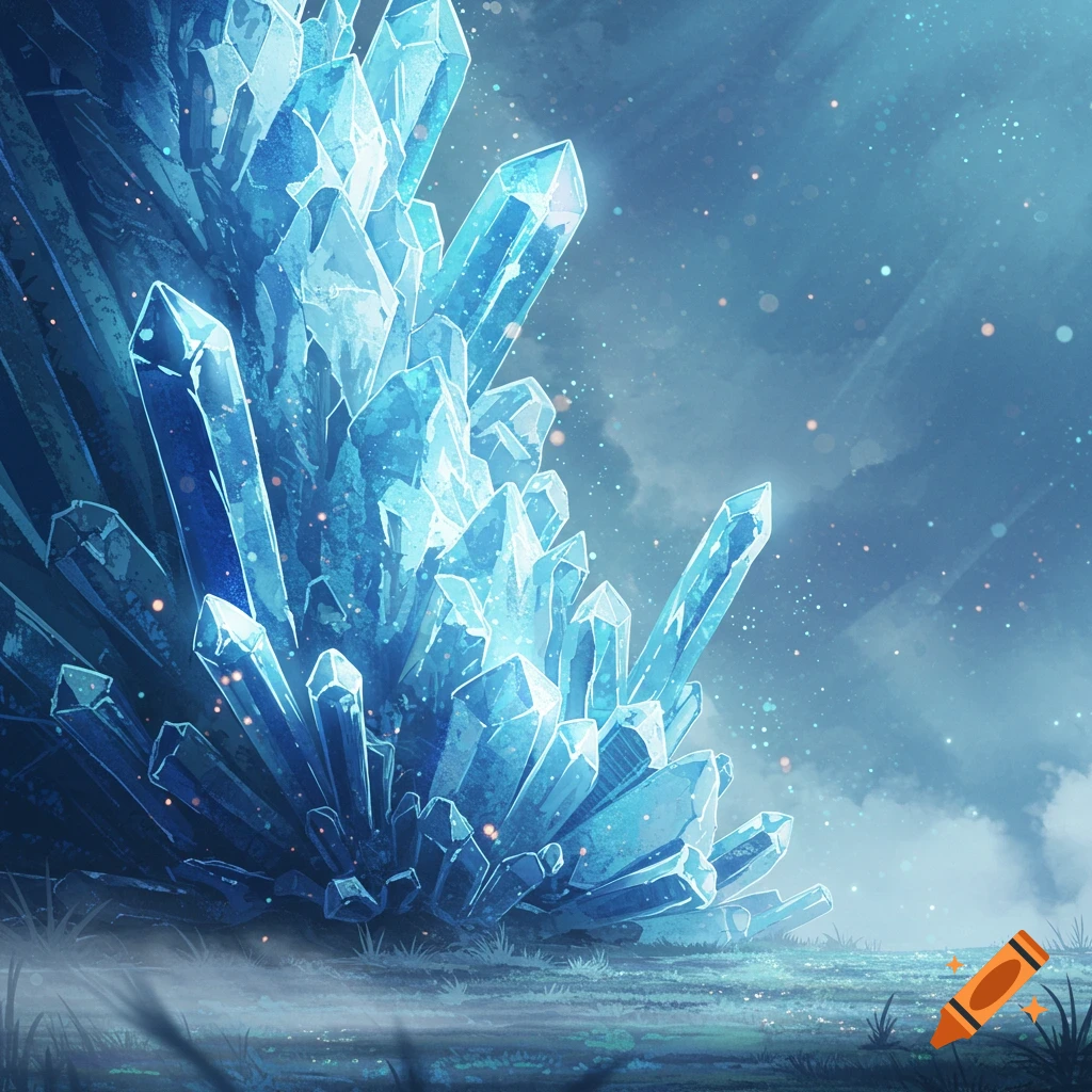 Vibrant anime illustration of a large cluster of glowing blue crystals emerging from misty ground with sparkling light.