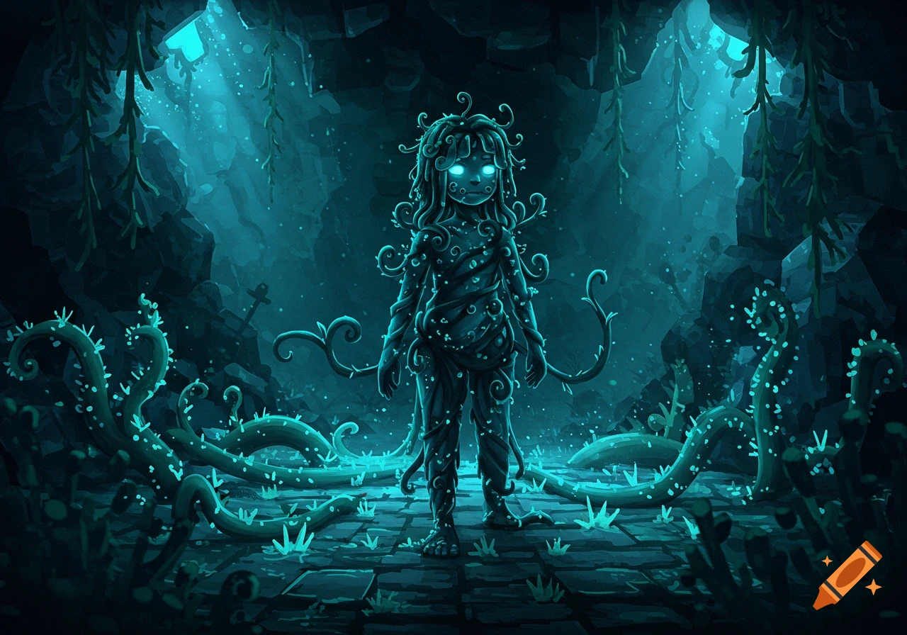 A glowing sculk girl made of dark vines stands in a mystical, dark teal cave with glowing foliage.