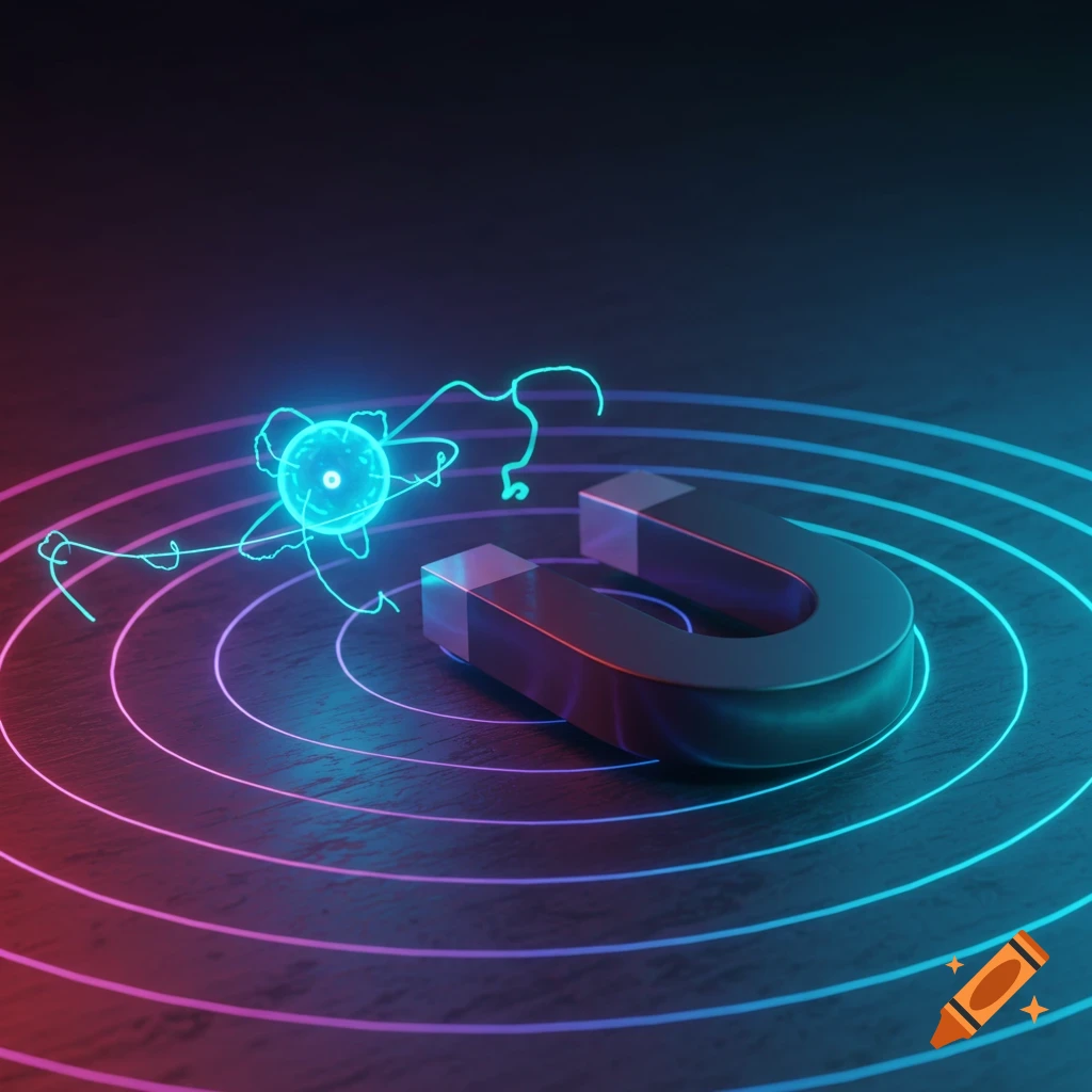 A glowing blue atom with neon rings orbits a dark U-shaped magnet, all on a dark surface in a vibrant 3D render.