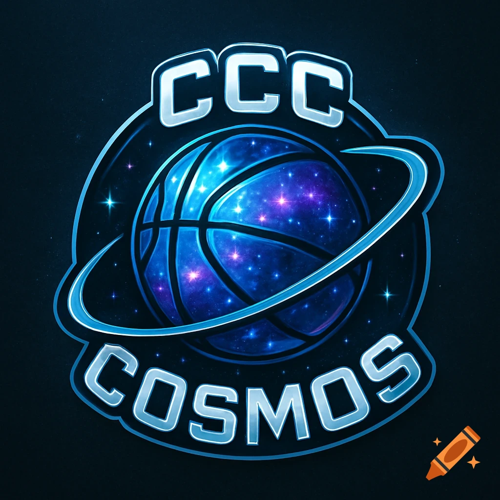 Logo for CCC COSMOS, featuring a cosmic basketball with stars and planets, orbited by a ring, on a dark background.