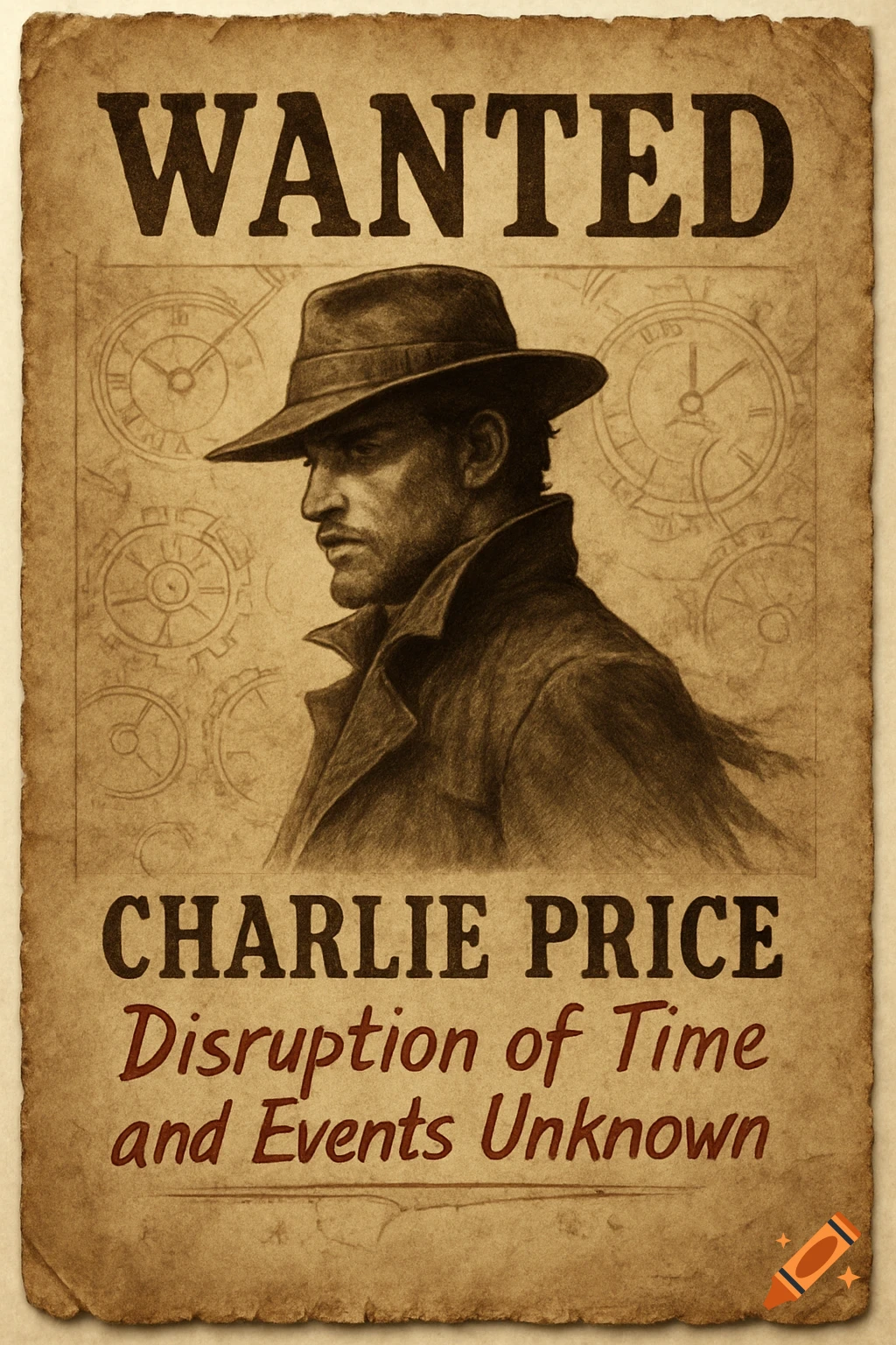 A sepia-toned wanted poster for Charlie Price, a man in a fedora, against a background of clocks and gears.