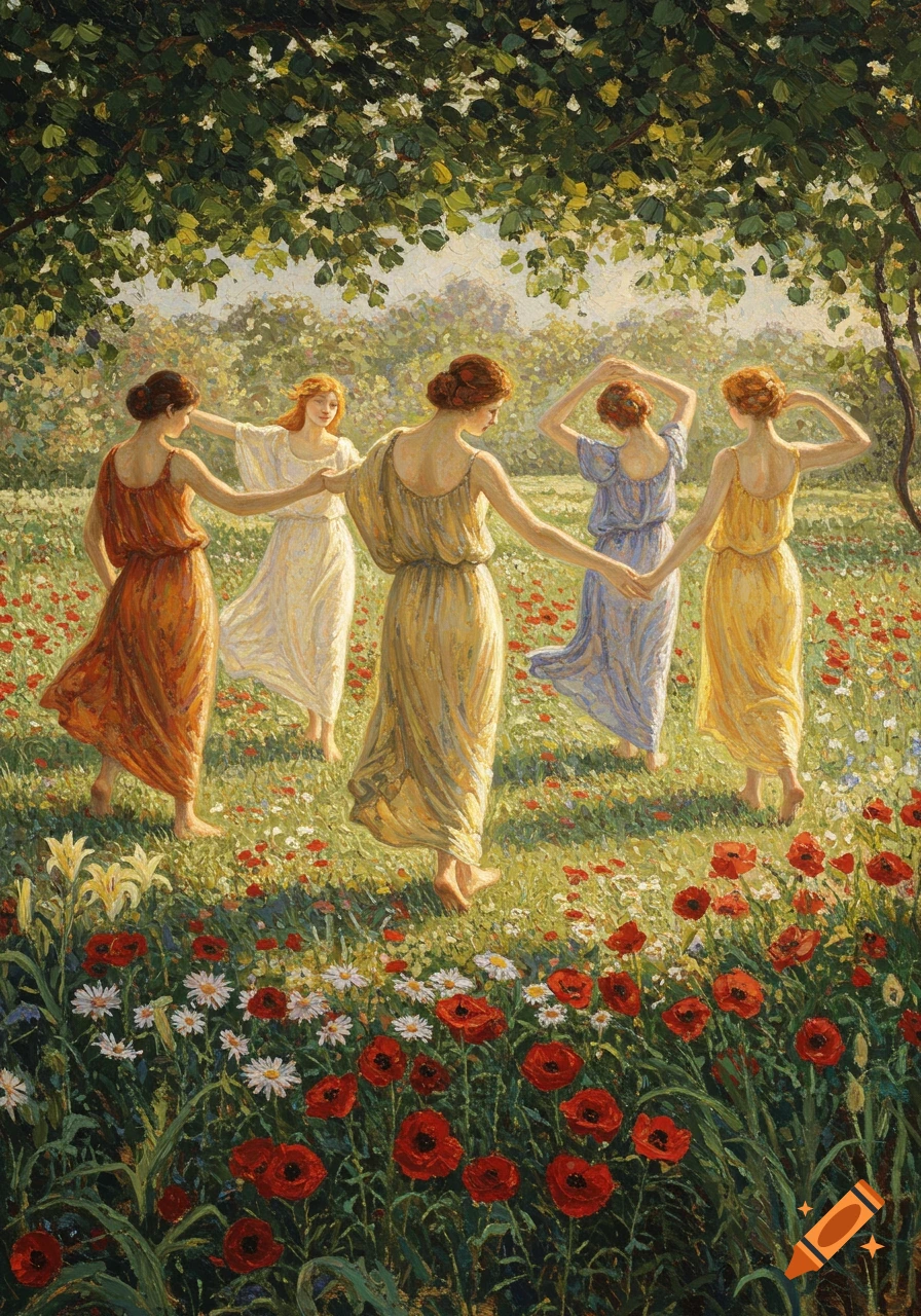 Five women in classical dresses dance in a circle in a sunny, flower-filled meadow, painted in an impressionistic style.