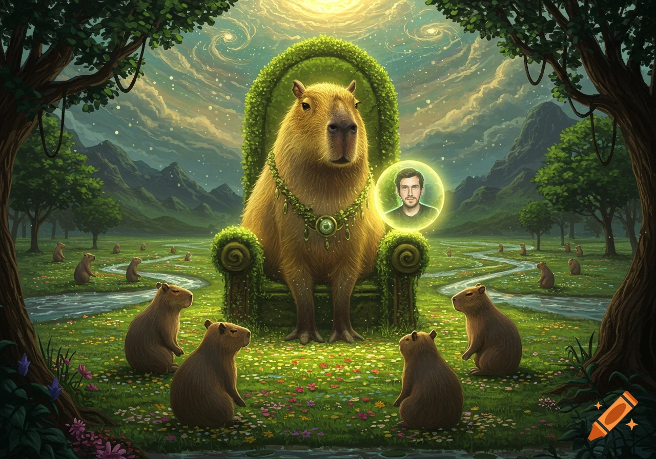A majestic Capybara God on a moss-covered throne in a lush kingdom, surrounded by meditating capybaras and a glowing orb with a man's face.