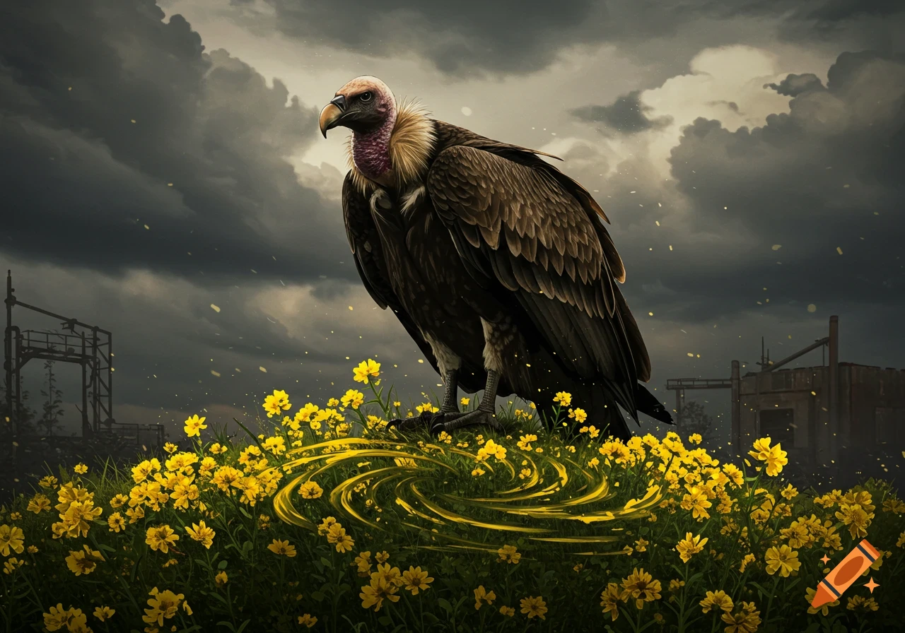 A large vulture stands among vibrant yellow flowers with golden swirls around its feet, under a dramatic dark cloudy sky.