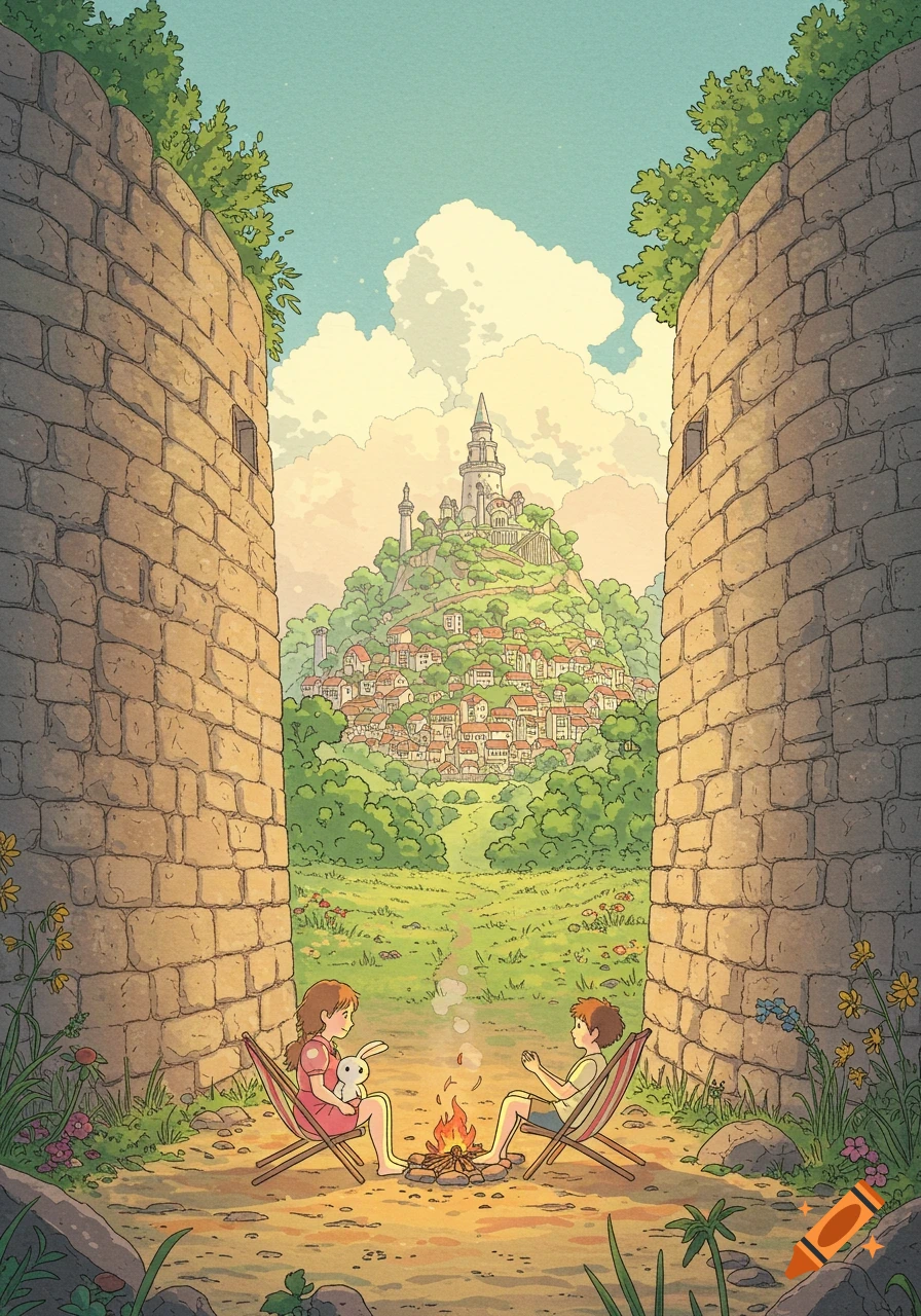 Ghibli-style illustration of two children by a campfire, gazing at a fantasy city on a hill beyond ancient stone walls.