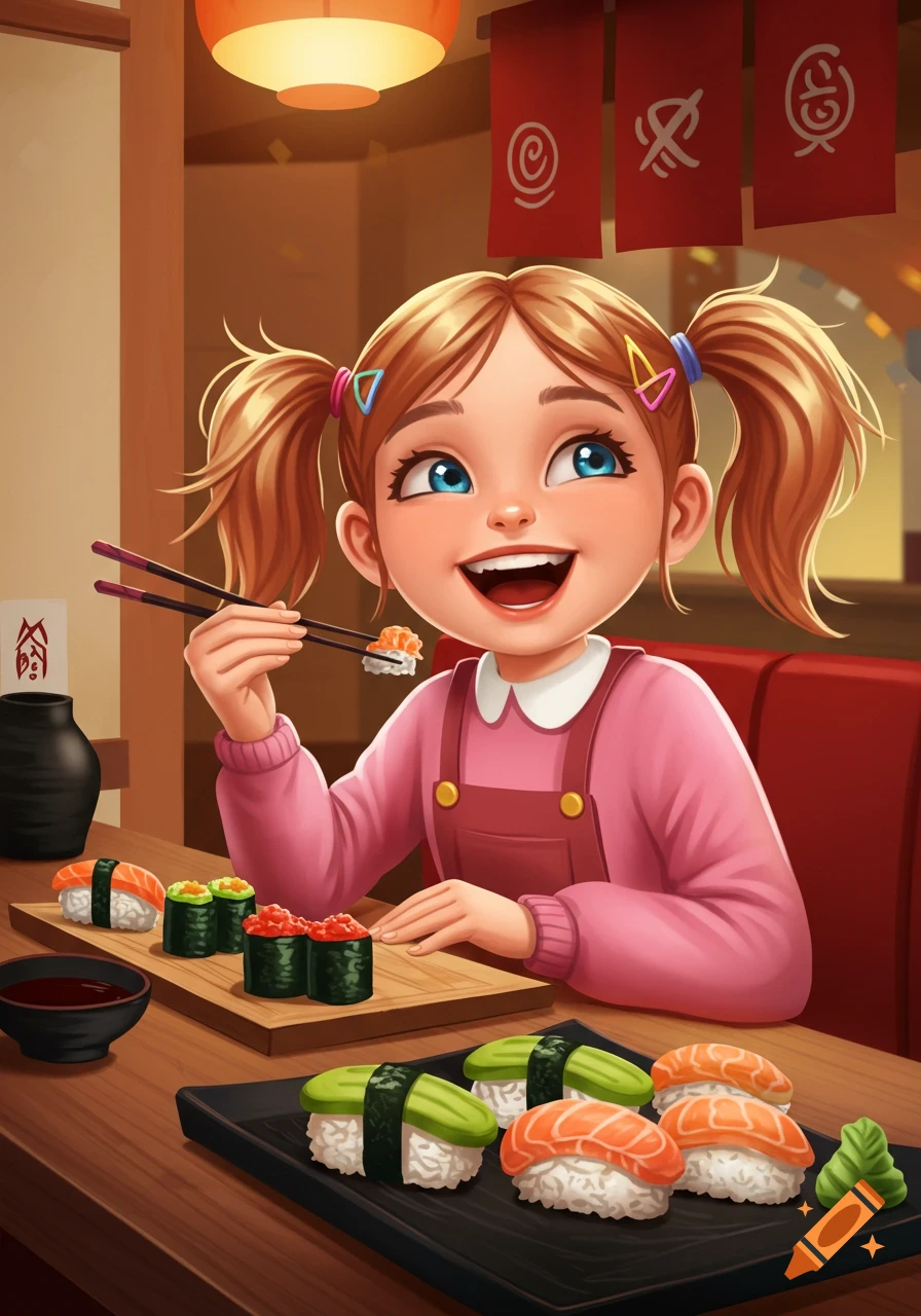 A happy cartoon girl with pigtails and a pink overall eats sushi with chopsticks in a Japanese restaurant.