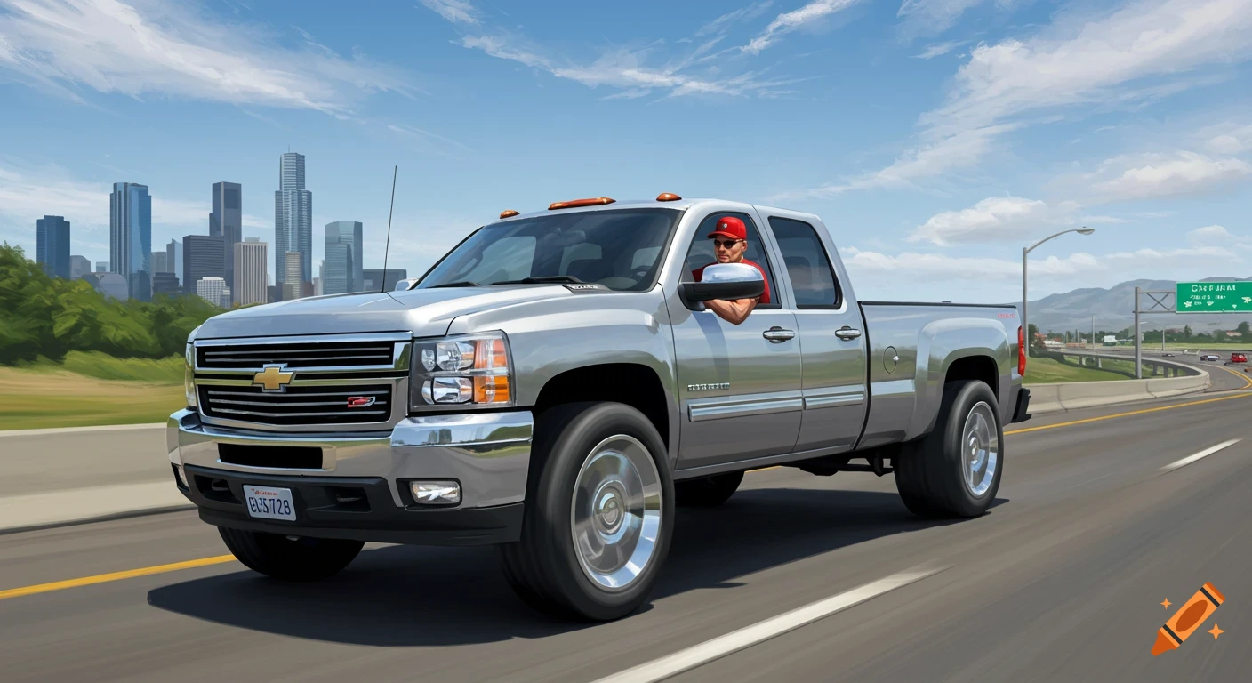 A silver Chevrolet pickup truck driven by a man in a red hat on a freeway with a city skyline in the background, in an illustration style.