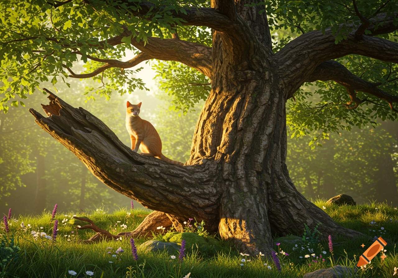 An orange cat sits on a gnarled tree branch in a sun-dappled forest, surrounded by lush green grass and wildflowers.