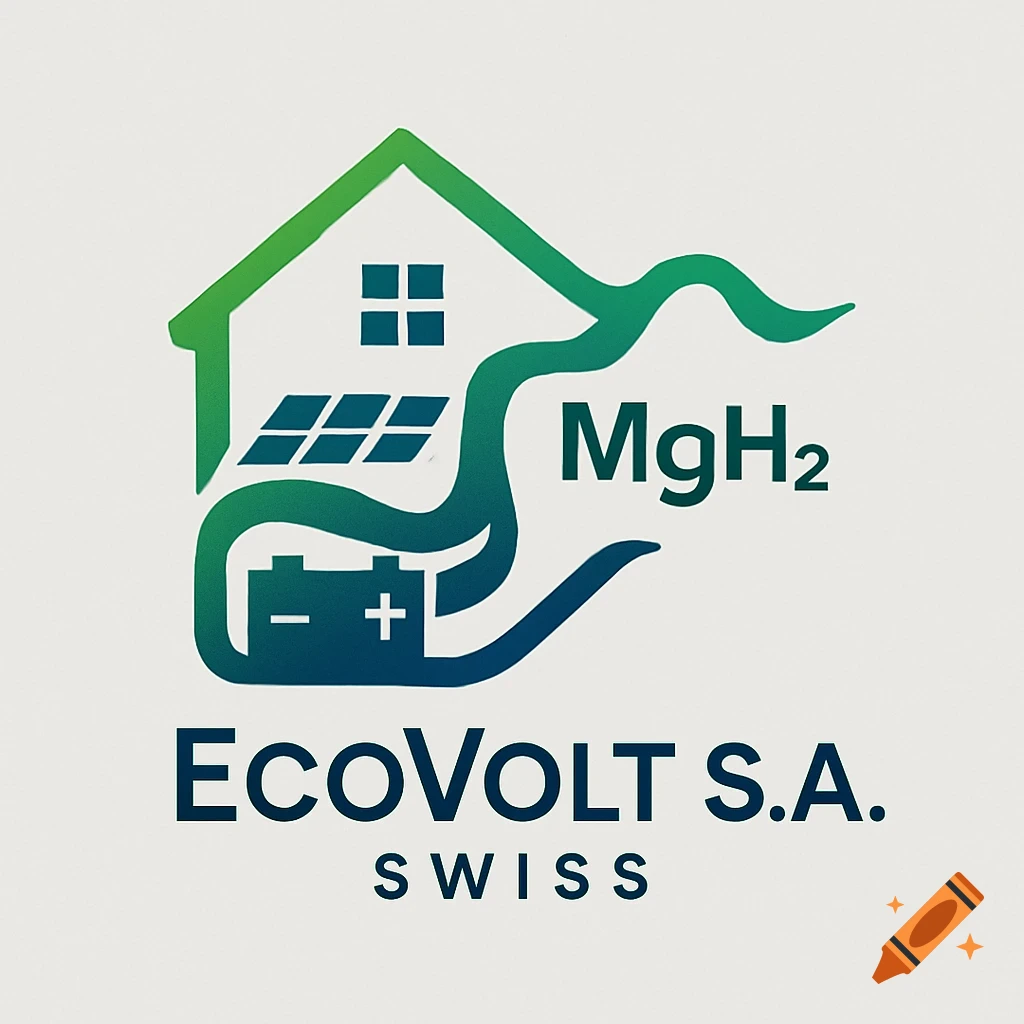 Green and blue EcoVolt S.A. Swiss logo featuring a house with solar panels, a battery, and MgH2 text.