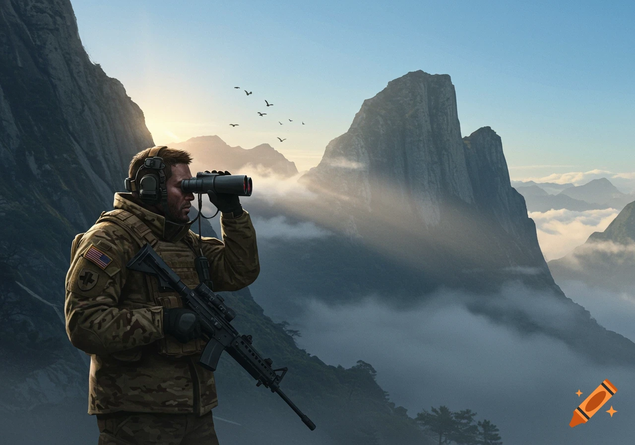 A soldier in tactical gear observes a misty mountain range at sunrise through binoculars, with birds flying overhead.