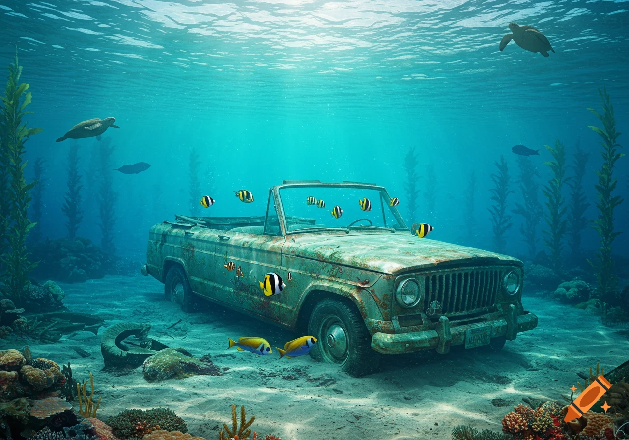 An old, rusted Jeep convertible sits on the sandy ocean floor surrounded by colorful fish, sea turtles, and kelp under shimmering water.