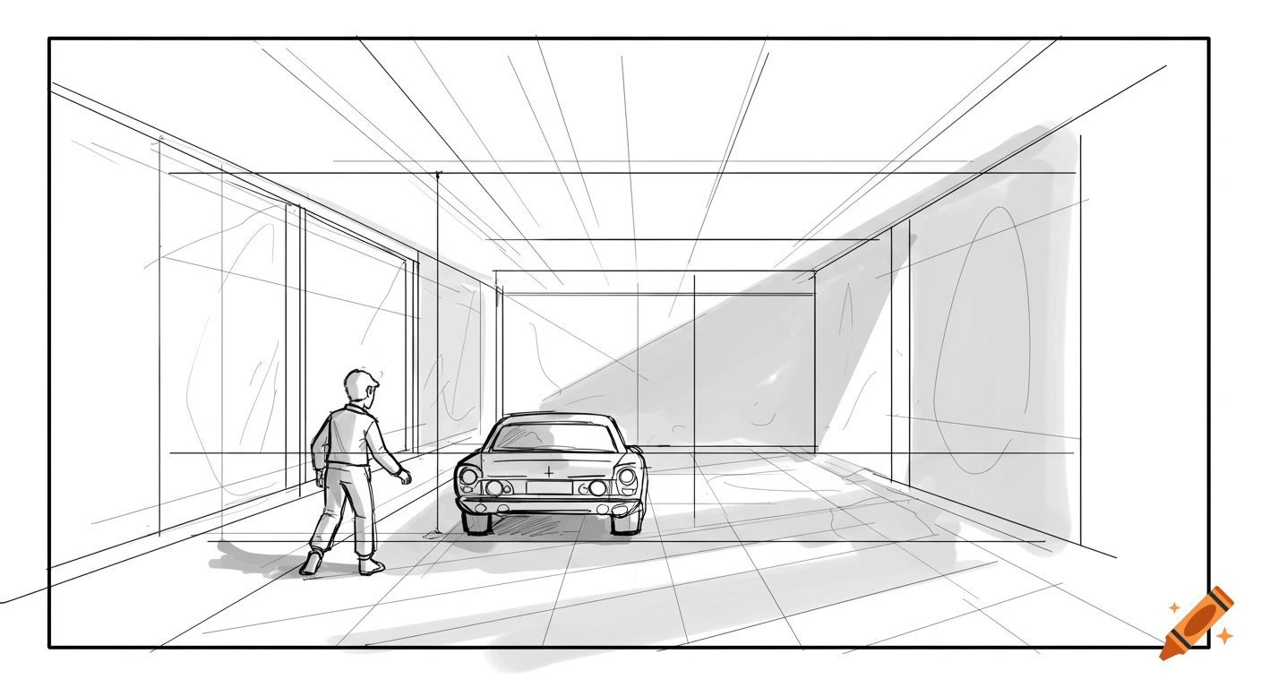 A black and white line art storyboard sketch of a person looking at a car in a minimalist room.