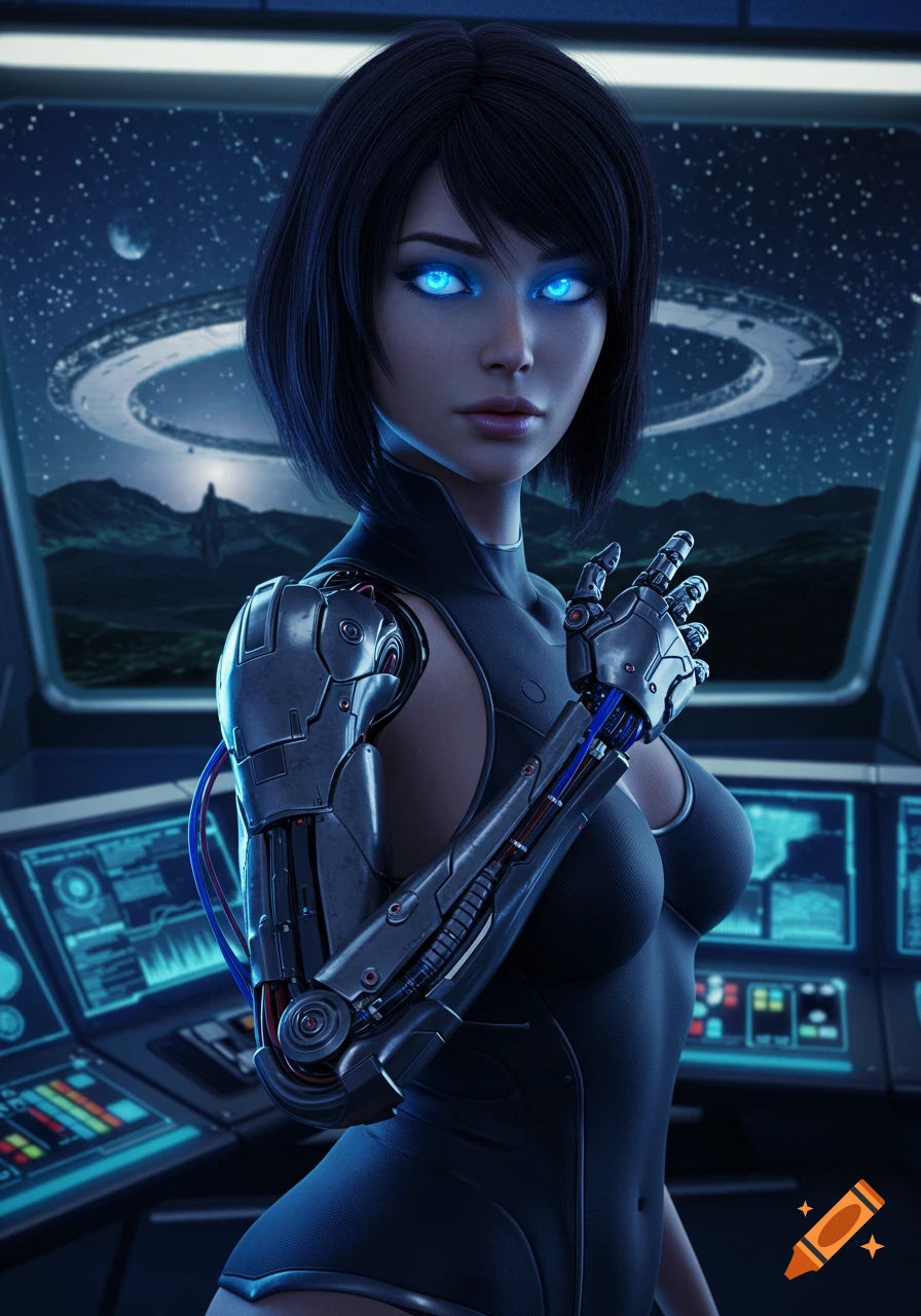 3D render of a young brunette cyborg woman with glowing blue eyes in a futuristic spaceship cockpit, looking out at space.