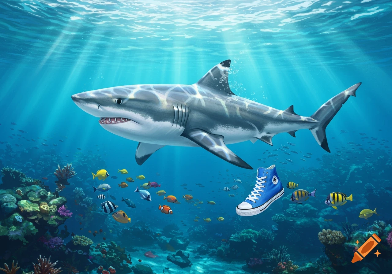 A large gray shark swims underwater in a vibrant coral reef, with a blue high-top sneaker floating nearby. Colorful fish populate the scene.