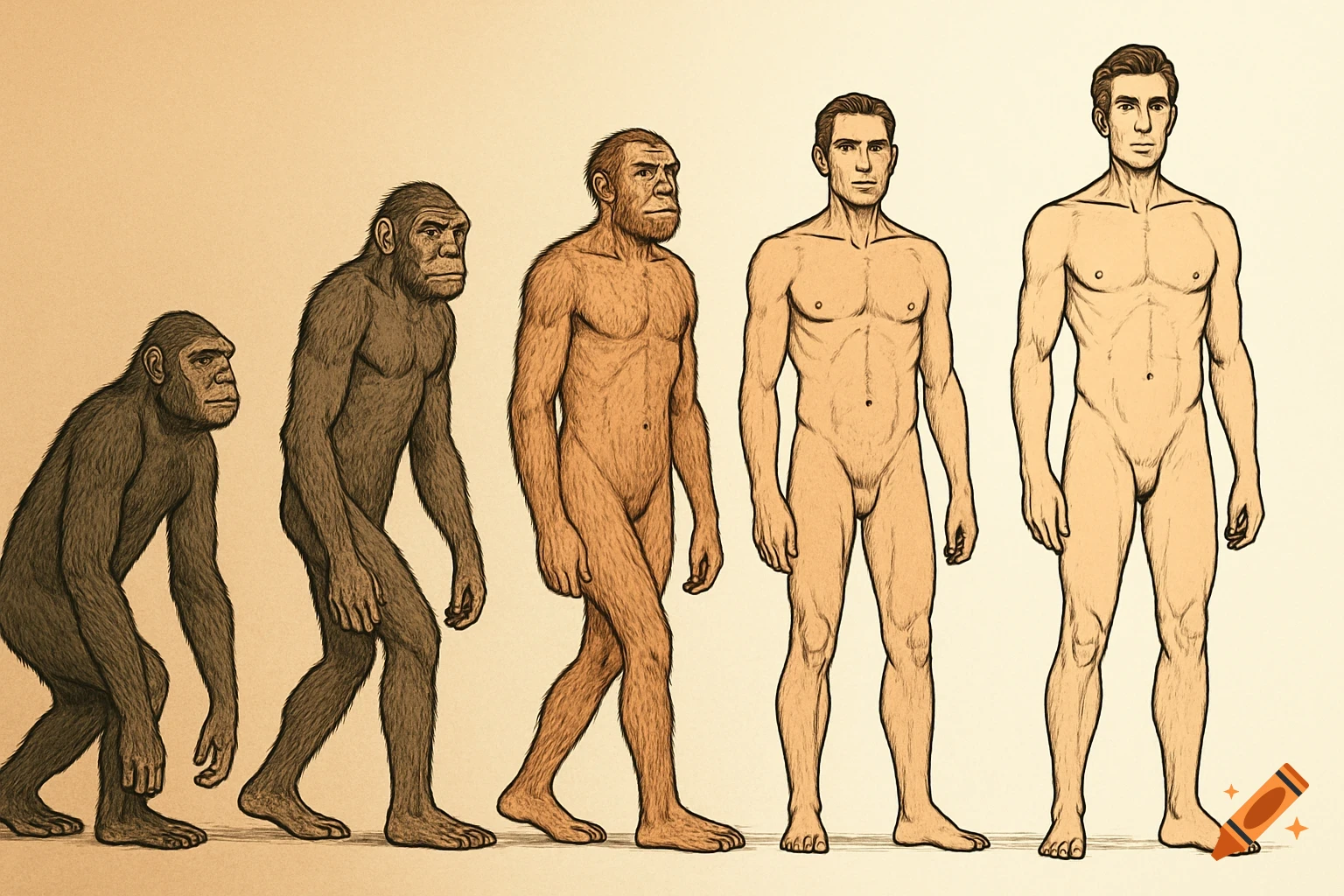 Five figures in a linear progression illustrate human evolution, from an ape-like creature to a modern human, in an illustrative style.