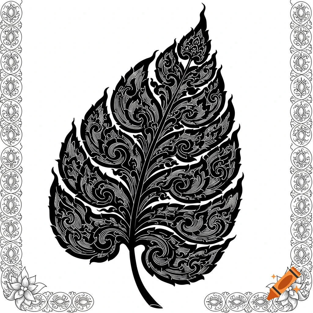 Stylized black leaf with intricate traditional Thai patterns and decorative borders on a white background.