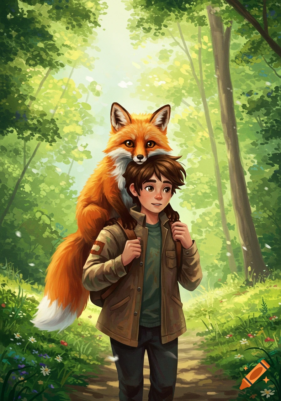 An illustrated boy with a backpack walks through a bright forest, carrying a friendly red fox on his shoulders.