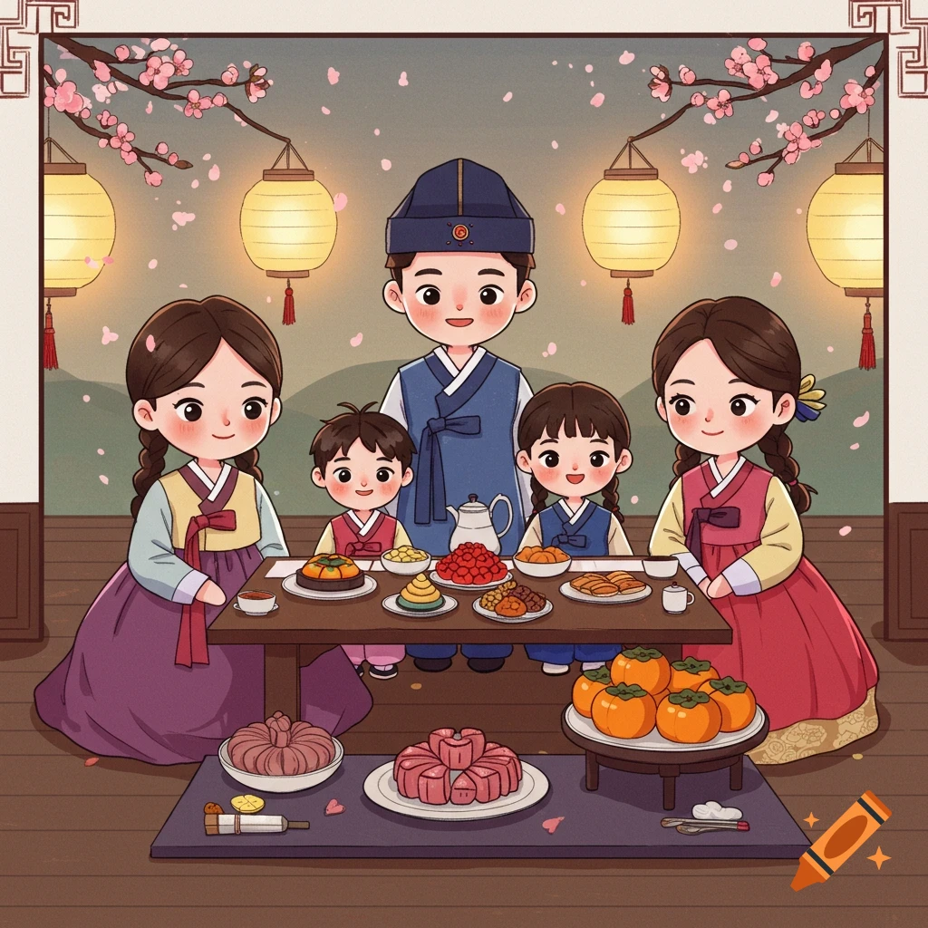 Cute cartoon illustration of a Korean family in hanbok celebrating Chuseok with traditional food, lanterns, and cherry blossoms.