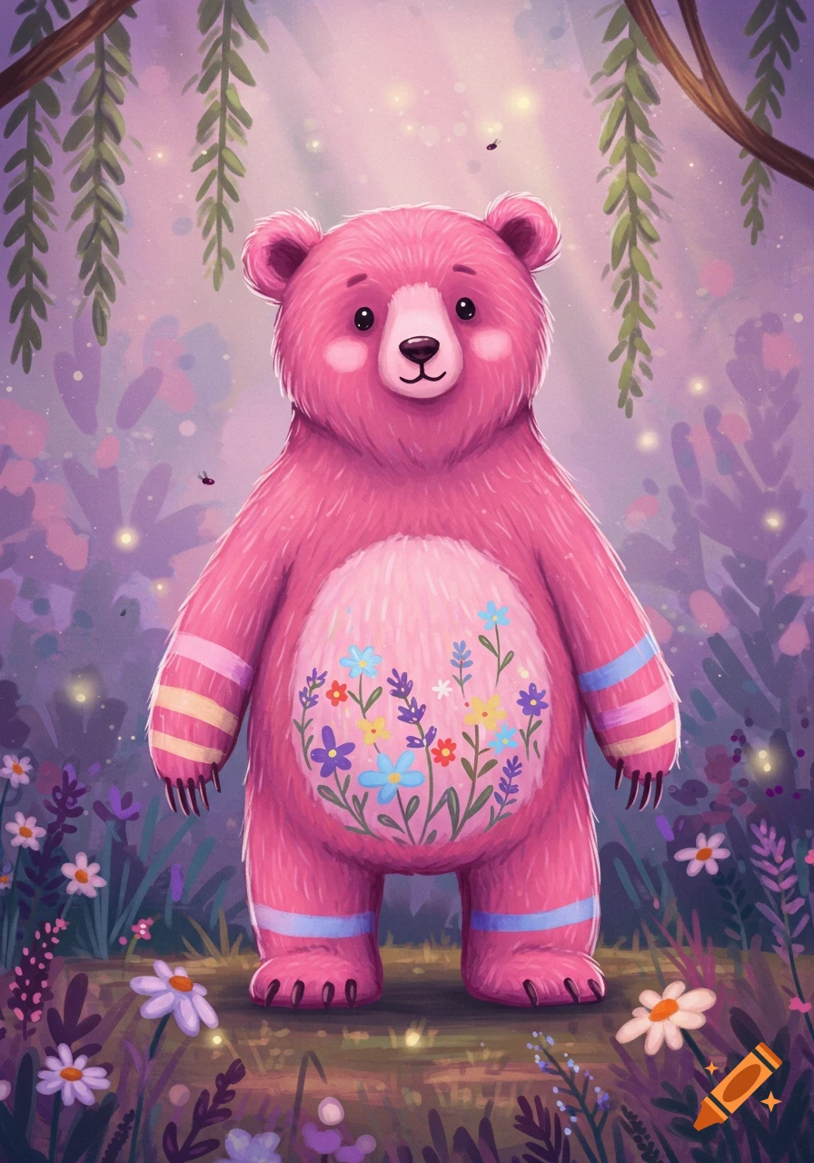 An adorable pink bear illustration with striped limbs and a floral belly, standing in a magical forest with glowing lights.