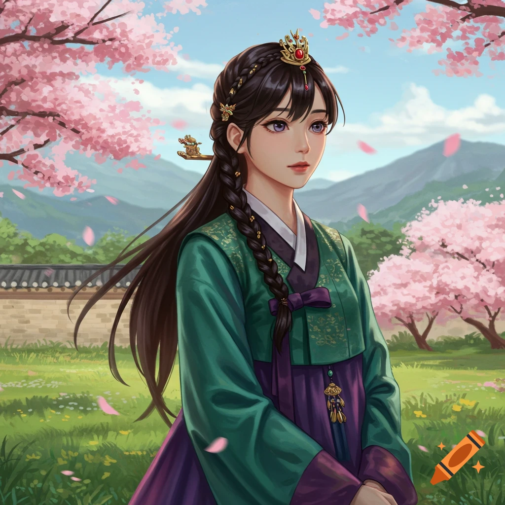 An anime-style illustration of a young woman in traditional Korean green and purple attire and a crown, standing among pink cherry blossoms with mountains in the background.