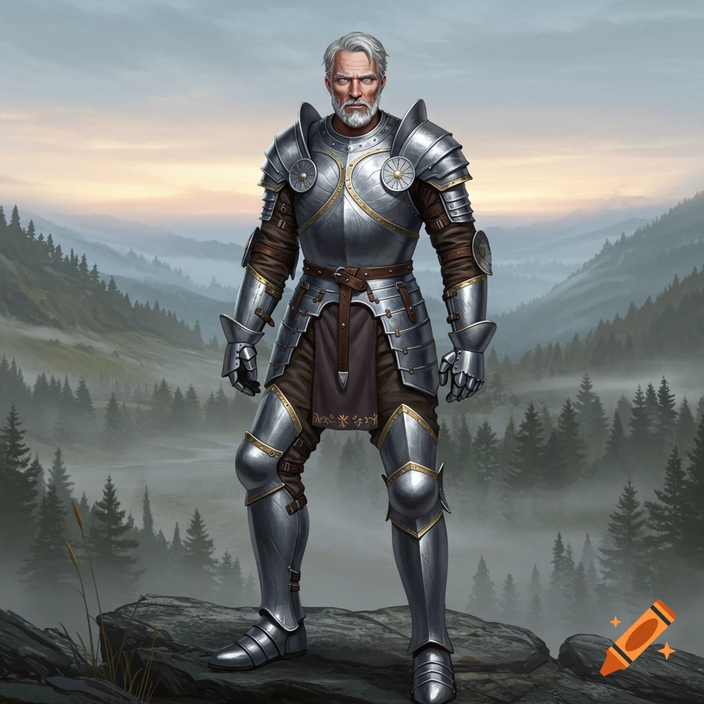 A gray-haired knight in detailed plate armor stands on a rock overlooking a misty forest valley at sunrise.