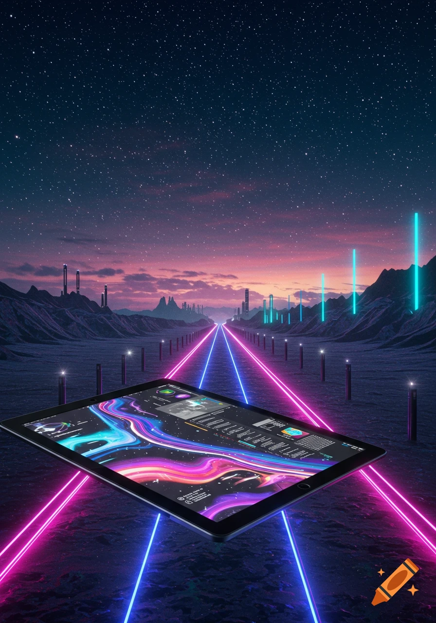 A futuristic, neon-lit landscape under a starry sky, with a tablet displaying abstract digital art and data on a glowing path.