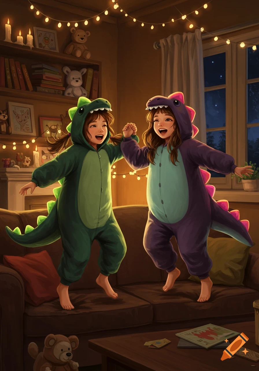 Two happy girls in green and purple dinosaur onesies jump on a brown couch in a cozy, softly lit room with string lights.