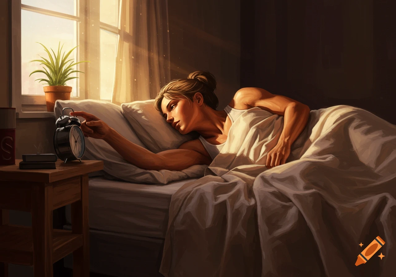 Digital painting of a woman in a bed, her hand reaching to turn off a classic alarm clock on a nightstand. Morning sunlight streams through the window.