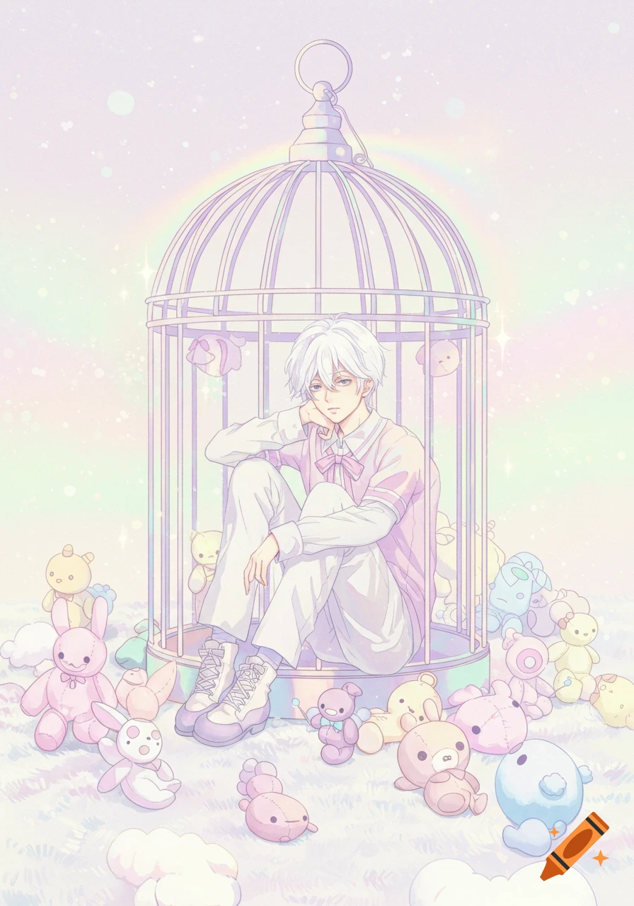 Anime boy with white hair in a pastel cage surrounded by plushies on a fluffy floor.