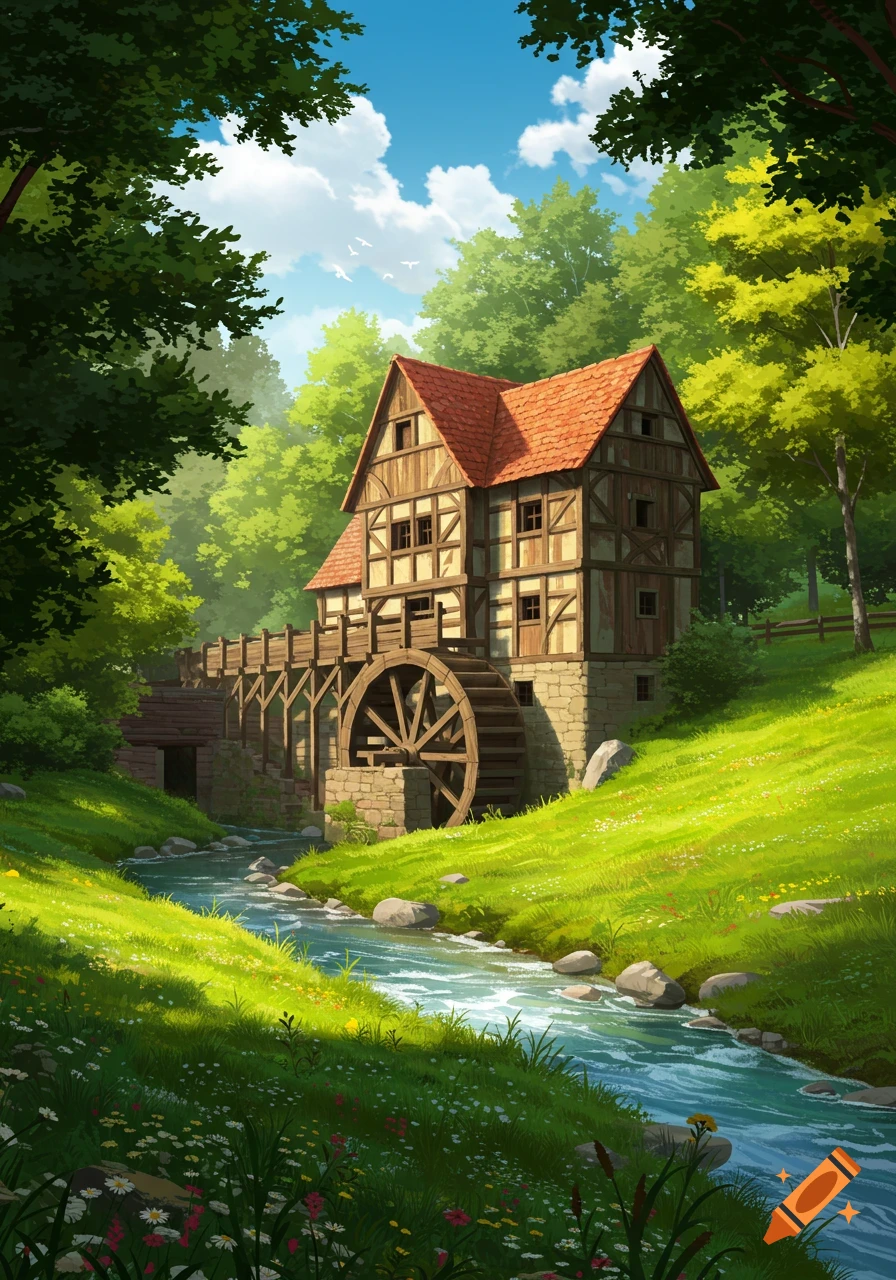 A rustic water mill with a red roof sits beside a winding river in a lush green valley under a bright blue sky, in an illustrated style.