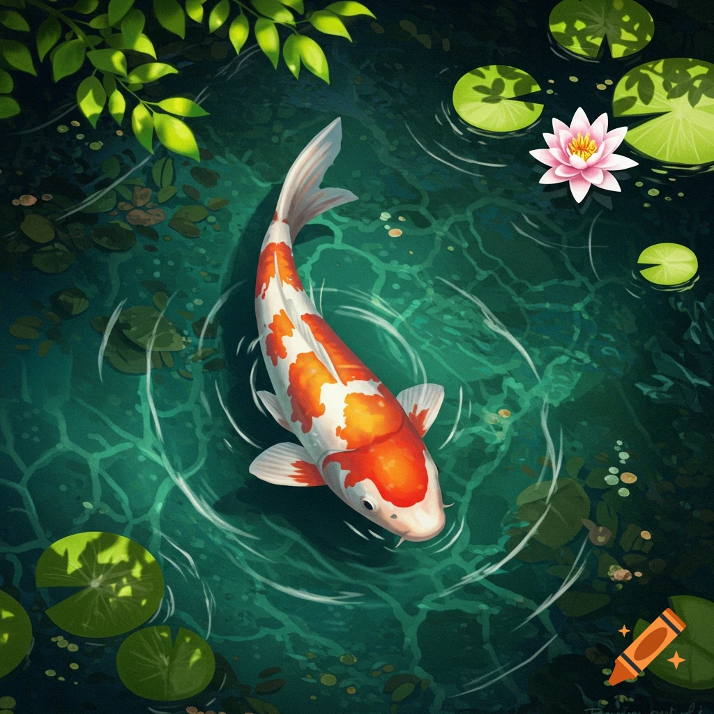 An overhead view of a colorful koi fish swimming in a green pond with lily pads and a pink lotus flower, in an illustrative style.