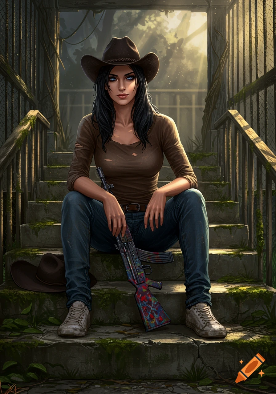 Digital art of a woman in a cowboy hat and torn clothes, sitting on mossy stairs in a ruined zoo, holding a splatter-painted AK-47.