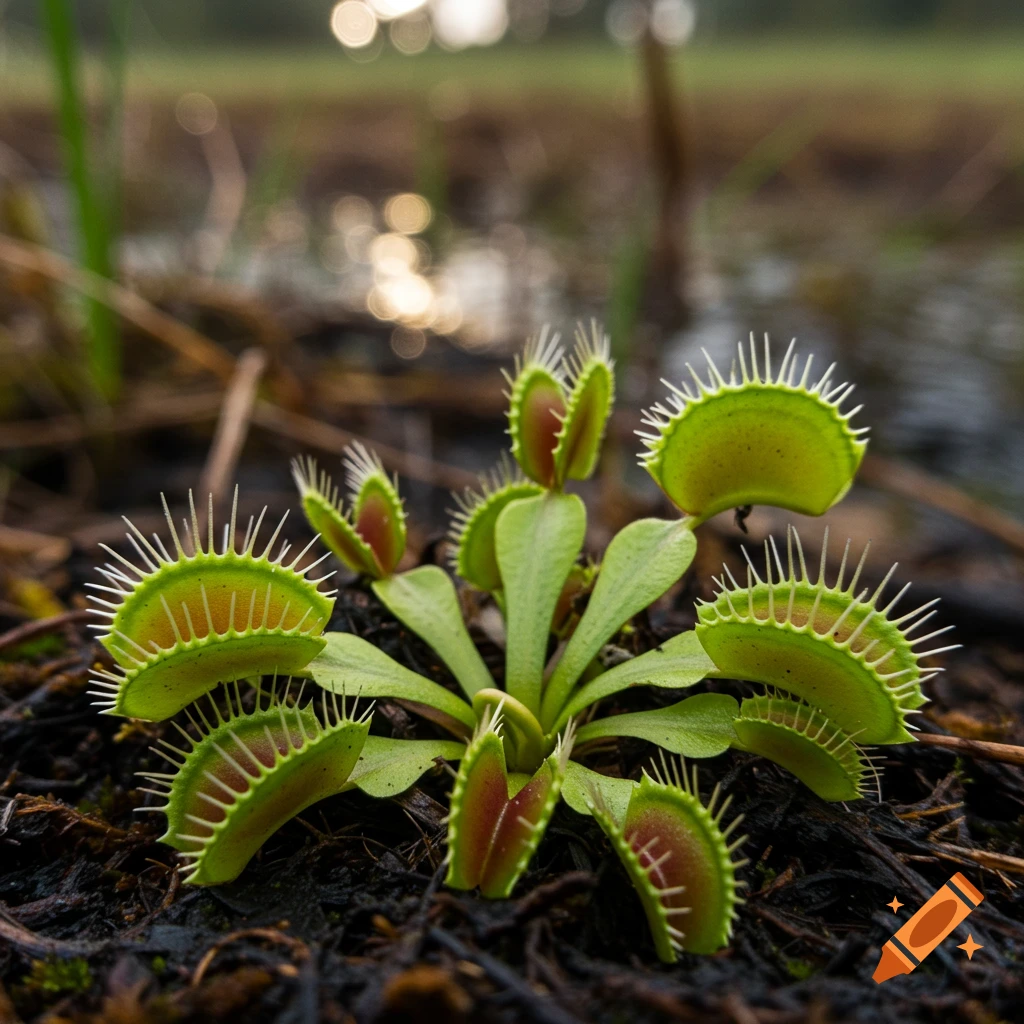 Close-up of a vibrant green Venus flytrap plant with several open traps, growing in dark soil with a blurred natural background.