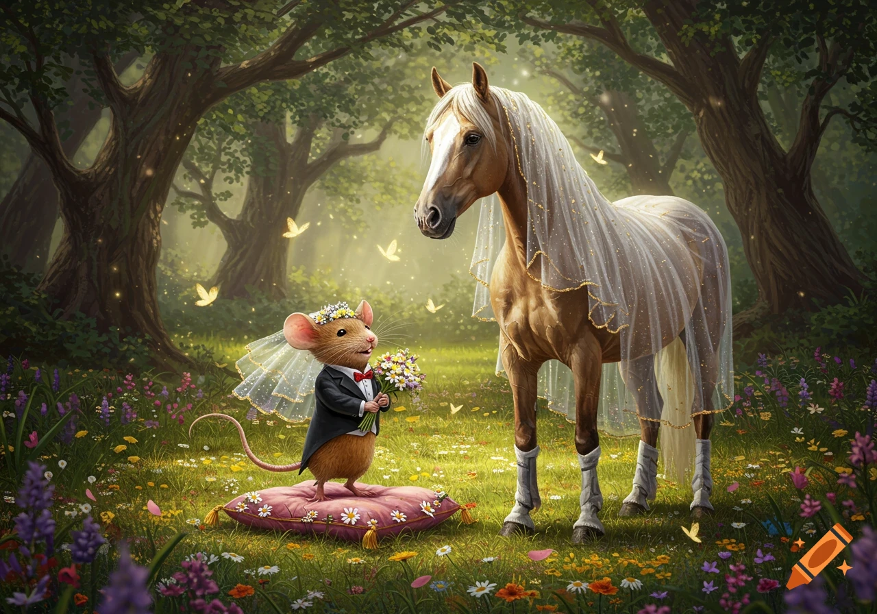 A whimsical illustration shows a mouse in a tuxedo and veil with a bouquet, facing a horse in a wedding veil in a magical forest.