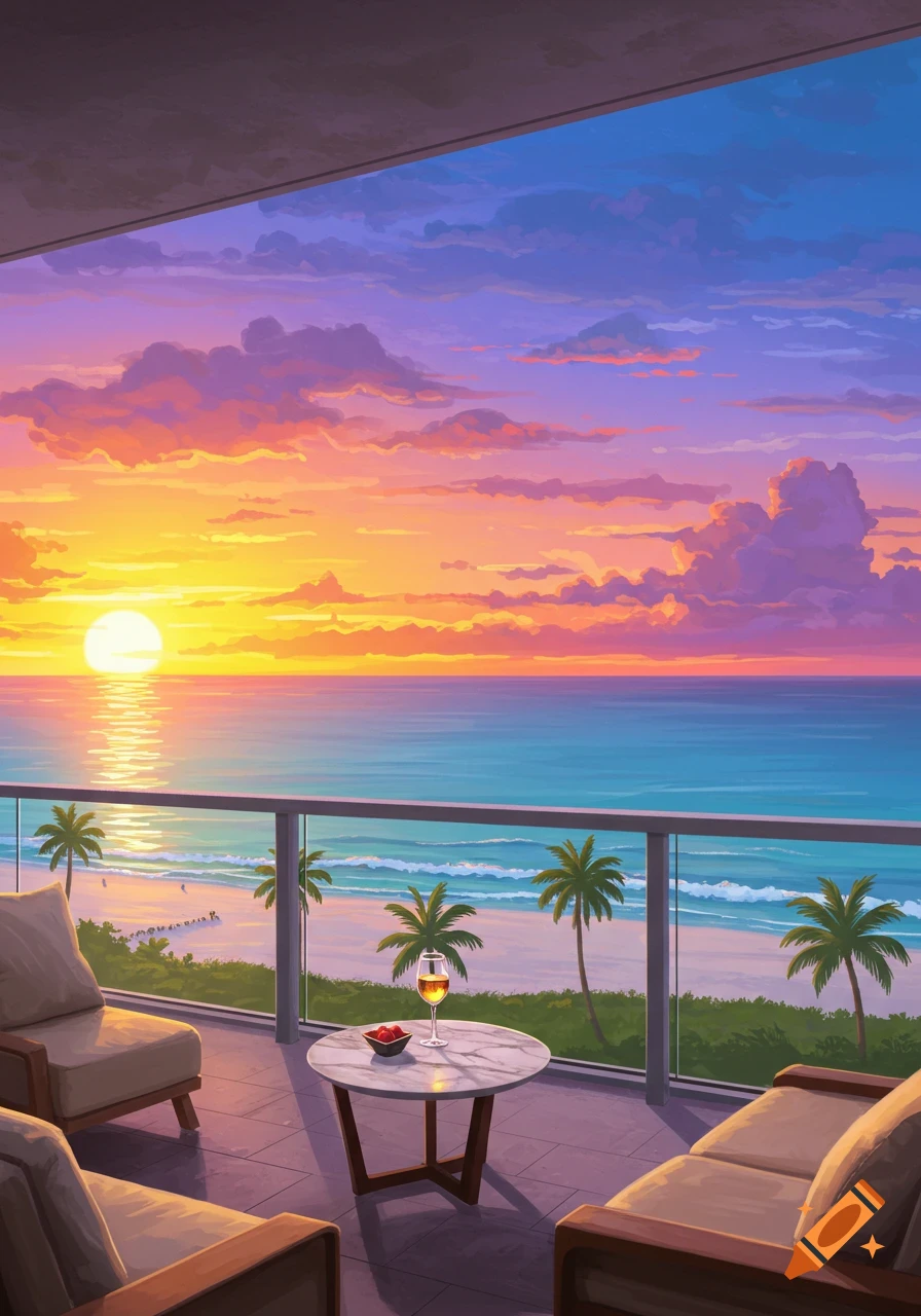 Stylized view of a vibrant sunset over a tropical beach from a balcony with lounge chairs and a drink.