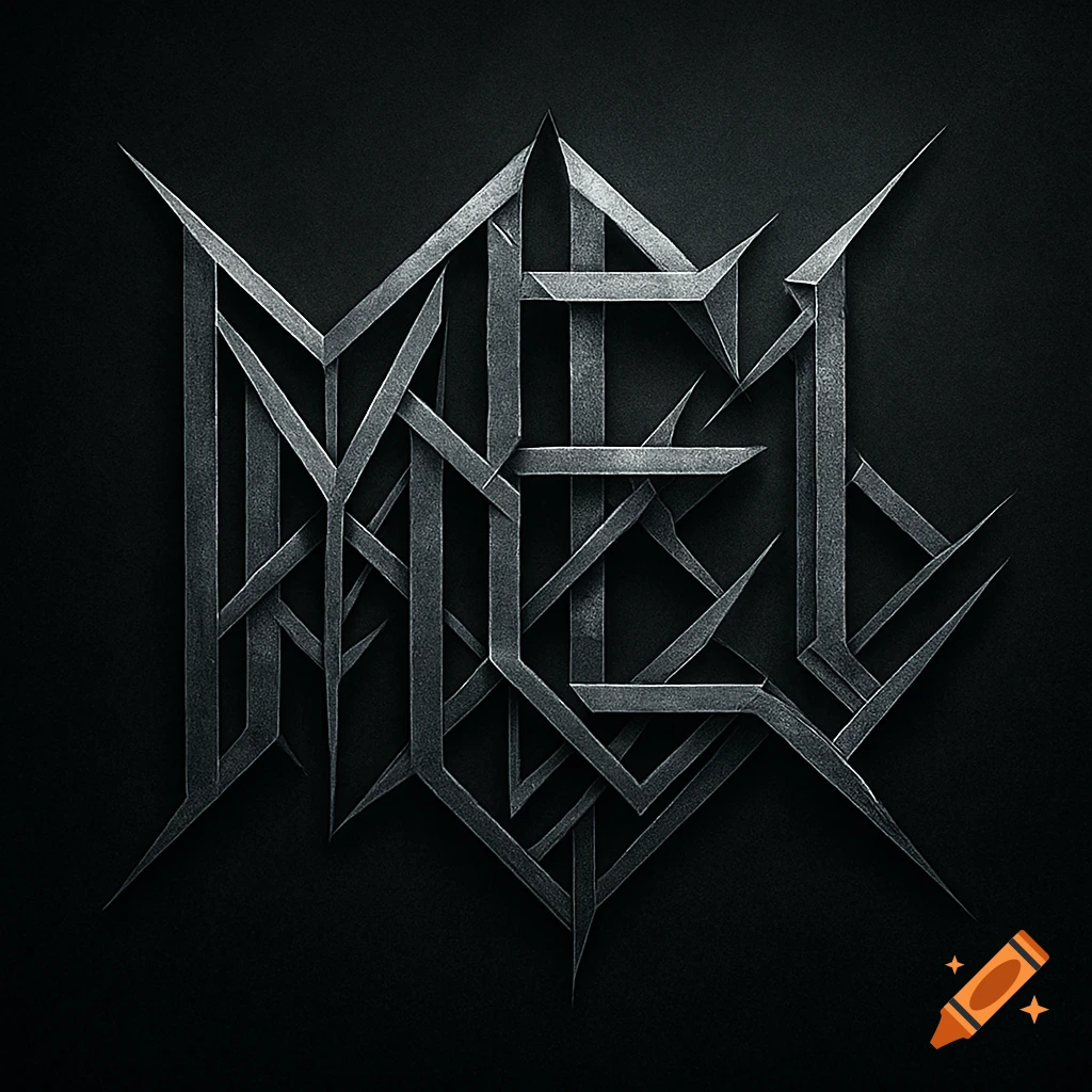 Stylized, dark gray, interwoven metallic letters forming the word MEL on a black background.