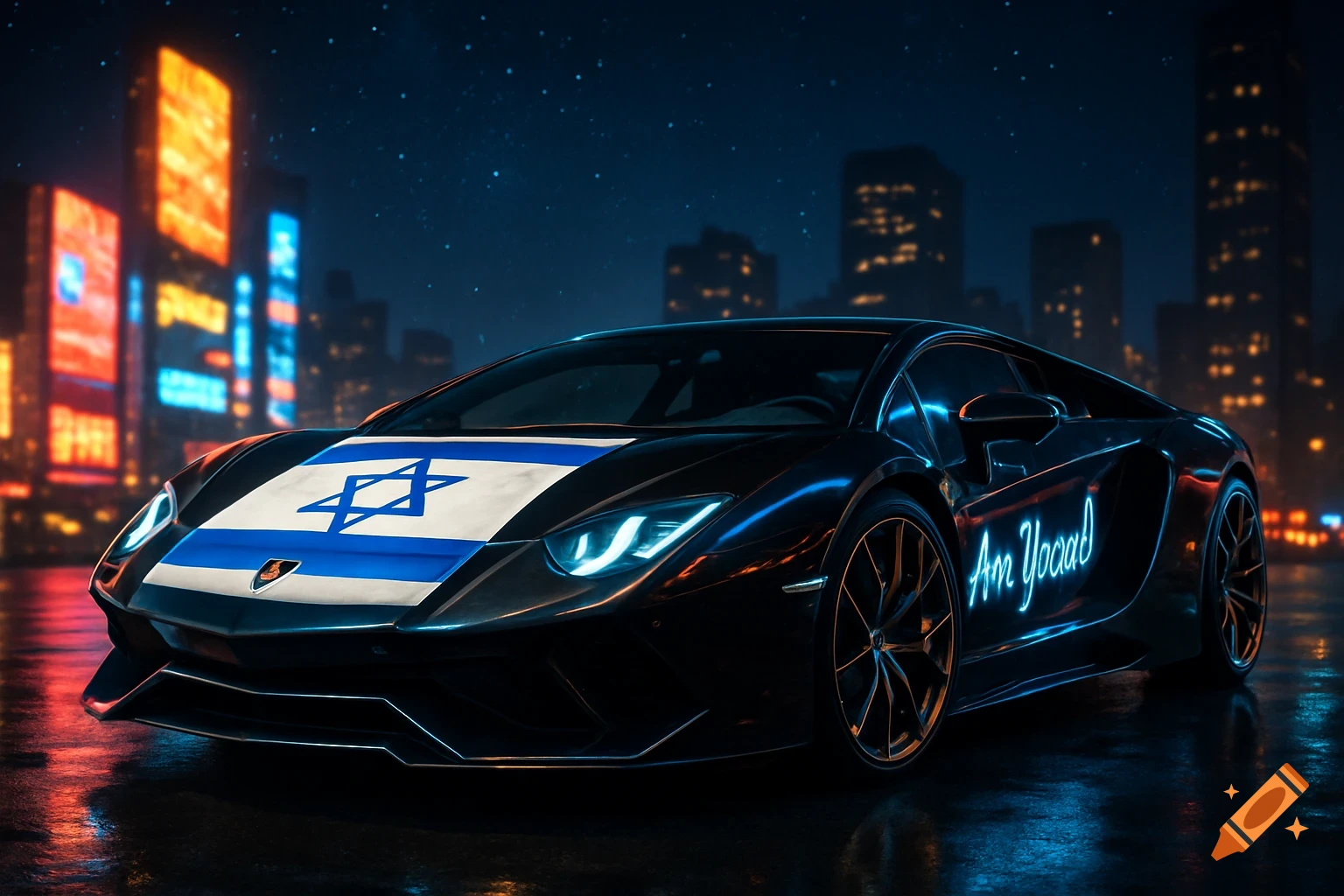A black Lamborghini supercar with an Israeli flag stripe on the hood and glowing blue text "Am Yocad" on the side, parked in a neon-lit city at night.